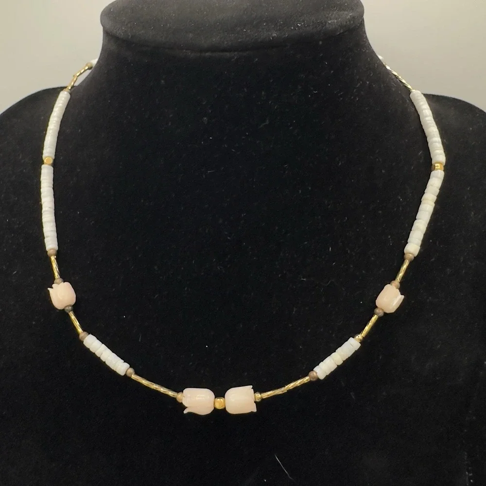 Vintage Puka Shell Necklace & Bracelet Coral Tulip Dainty 15